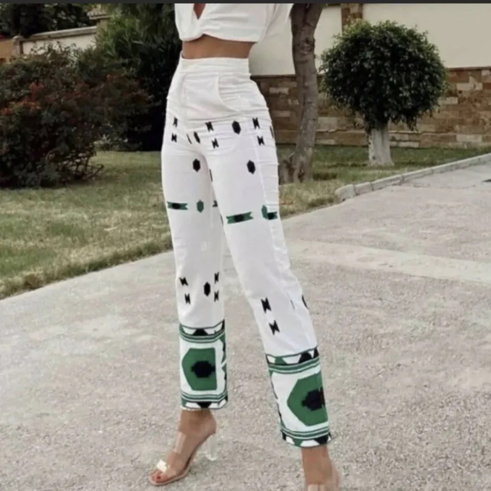 Zara Embroidered Linen Blend Pants Blogger Fav Straight Leg white green L